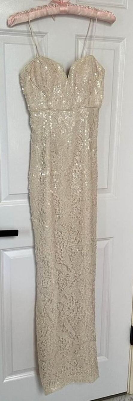 Aidan Mattox Sz 0 Sequin Cream Wedding Bridal Sweetheart Maxi Dress Side Slit